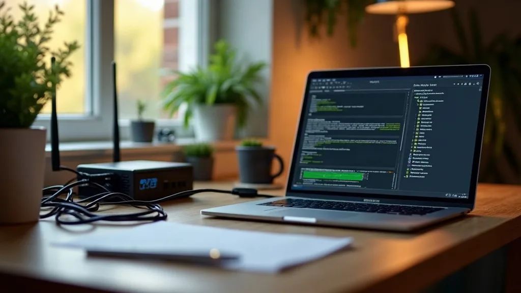 A laptop or small single-board computer (like a Raspberry Pi) sits on a home desk or shelf with soft natural daylight from a window nearby, cables neatly connected to a router and power supply, surrou