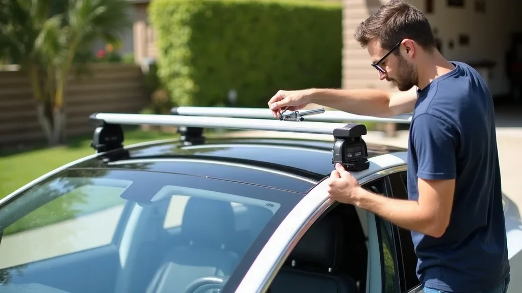A person installing a silver roof rack onto a white Tesla Model Y in a bright, sunny driveway. The car is positioned at a slight angle to show the roof clearly, with the person using a simple hand too