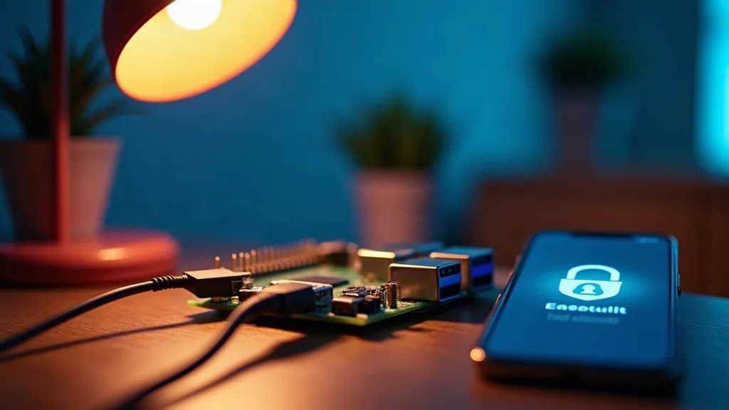 A Raspberry Pi with its distinctive red and white case sits on a wooden desk, connected by cables. Soft warm lighting from a desk lamp illuminates the device, while a smartphone displaying a network c