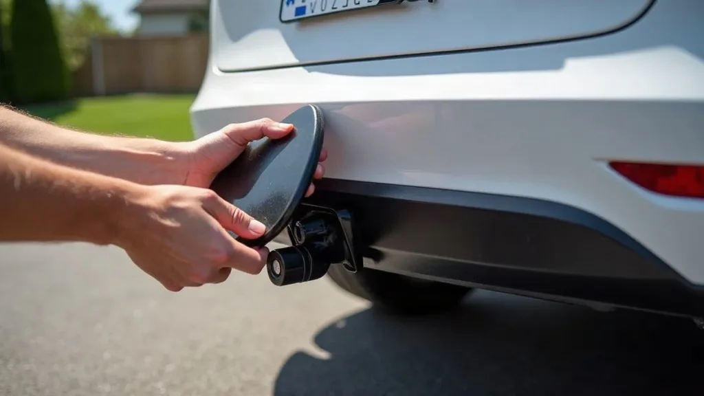 A person's hands carefully lifting open a black tow hitch cover on the rear bumper of a Tesla Model Y, with the tow hitch receiver visible underneath. Shot in bright daylight in a residential driveway