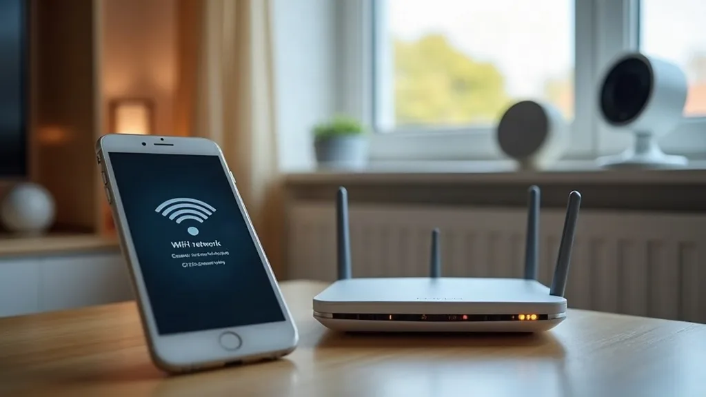 A modern home living room with a smartphone in the foreground displaying a Wi-Fi network selection screen, whilst a contemporary router sits nearby on a shelf with soft warm lighting highlighting its 