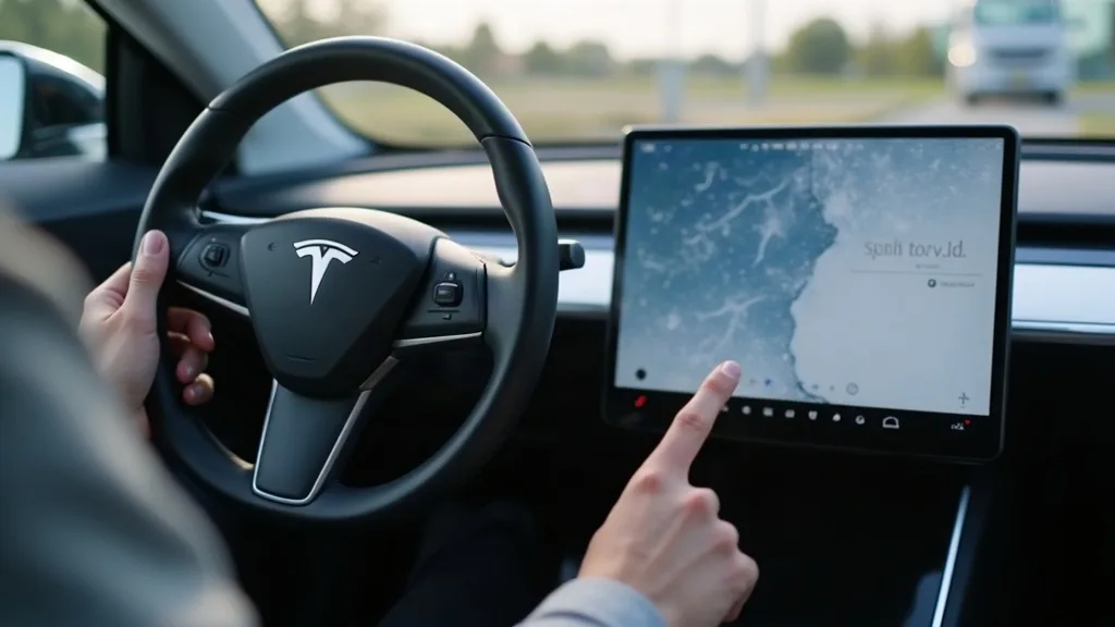 A close-up photograph of a Tesla Model Y steering wheel with both scroll wheels highlighted, photographed against the centre touchscreen display which shows a frozen interface. Shot in bright daylight