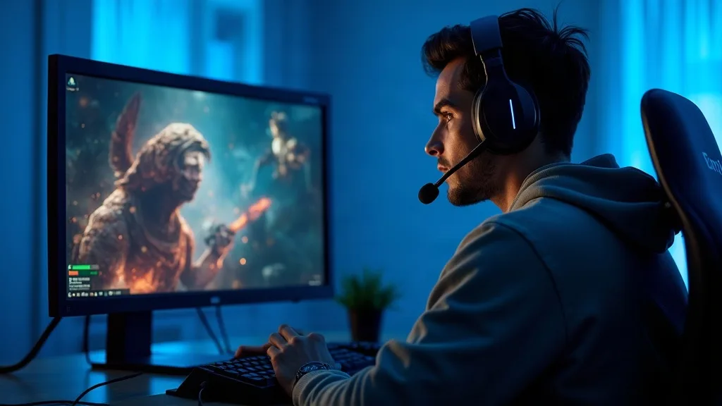 A gamer sits at a desk wearing a headset, looking focused at a monitor displaying a competitive game, with an Ethernet cable visibly connected to the back of their PC. The room is softly lit with cool