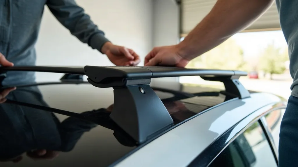 A person's hands carefully lifting a black roof rack off a white Tesla Model Y in a bright, well-lit garage, with the roof visible and undamaged below. The moment captures the midpoint of removal, sho