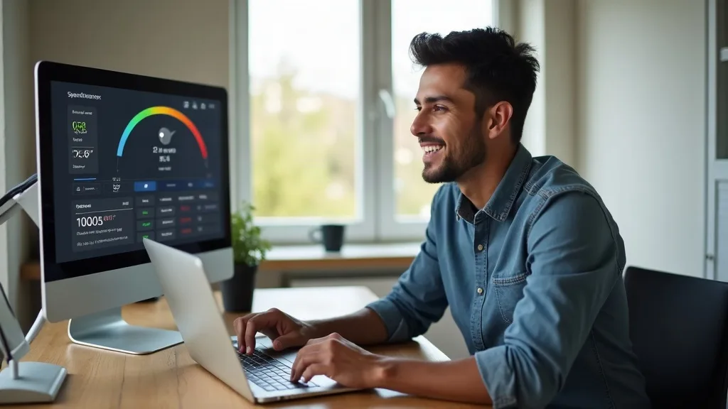 A person sitting at a desk with a laptop and ethernet cable visible, looking at a speed test result on the screen with a satisfied expression. The room is well-lit with natural daylight from a window 