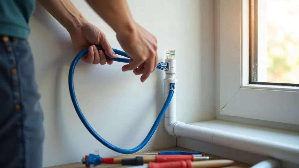 A close-up photo of someone's hands carefully feeding blue Ethernet cable through a white PVC conduit along the interior corner where a wall meets the ceiling in a modern home office, with natural day