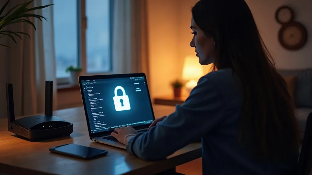 A person sitting at a home desk with a laptop, adjusting router settings on the screen, with a padlock icon glowing softly above the router in the background. Warm, indoor lighting with a calm, reassu
