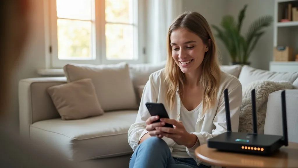 A person smiling while holding a smartphone in a bright, modern living room. On a side table nearby sits a wireless router with subtle LED lights glowing. The scene is lit by natural daylight from a w