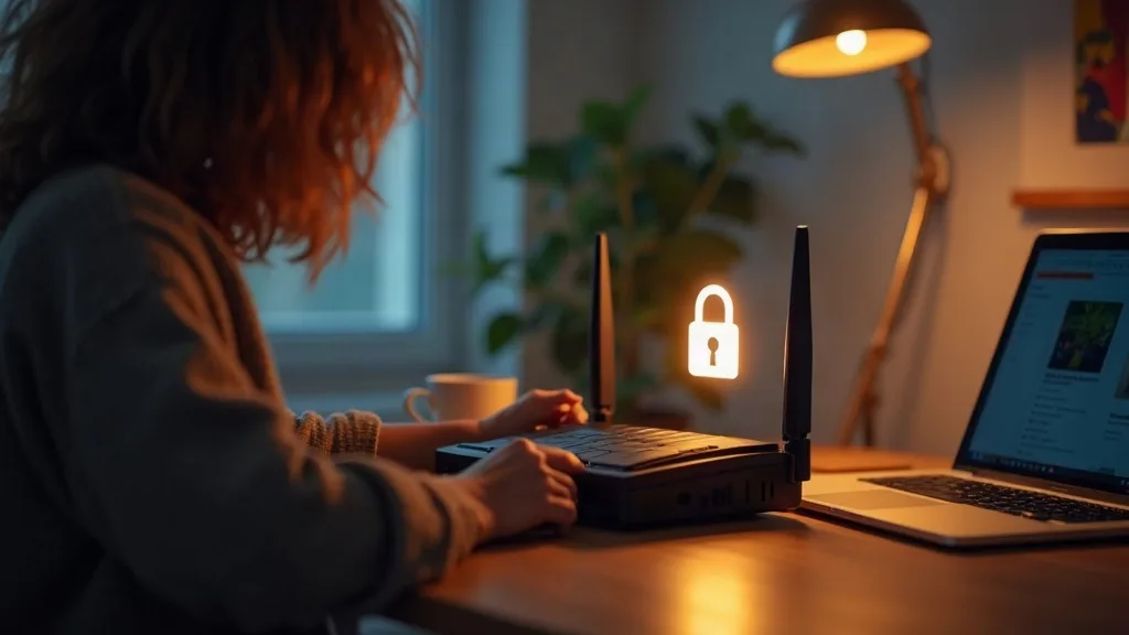 A person sitting at a desk in a home office, looking at a router with a small padlock icon glowing softly above it. The router is lit by warm desk lighting, with a laptop and coffee cup nearby, creati