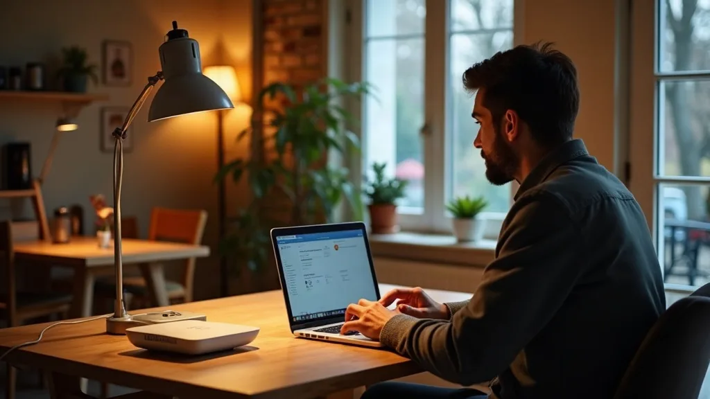 A person sits at a desk with a laptop and router visible, looking relaxed while accessing their home network from a distant location. The scene shows a split composition: one half depicts a cosy home 