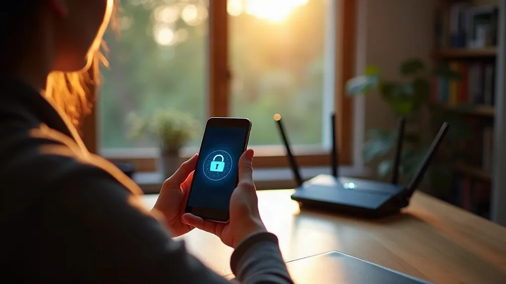 A person sitting at a desk in a home office, viewed from a slightly elevated angle, holds a smartphone showing a secure connection icon while an ASUS router sits nearby with subtle blue LED lights glo