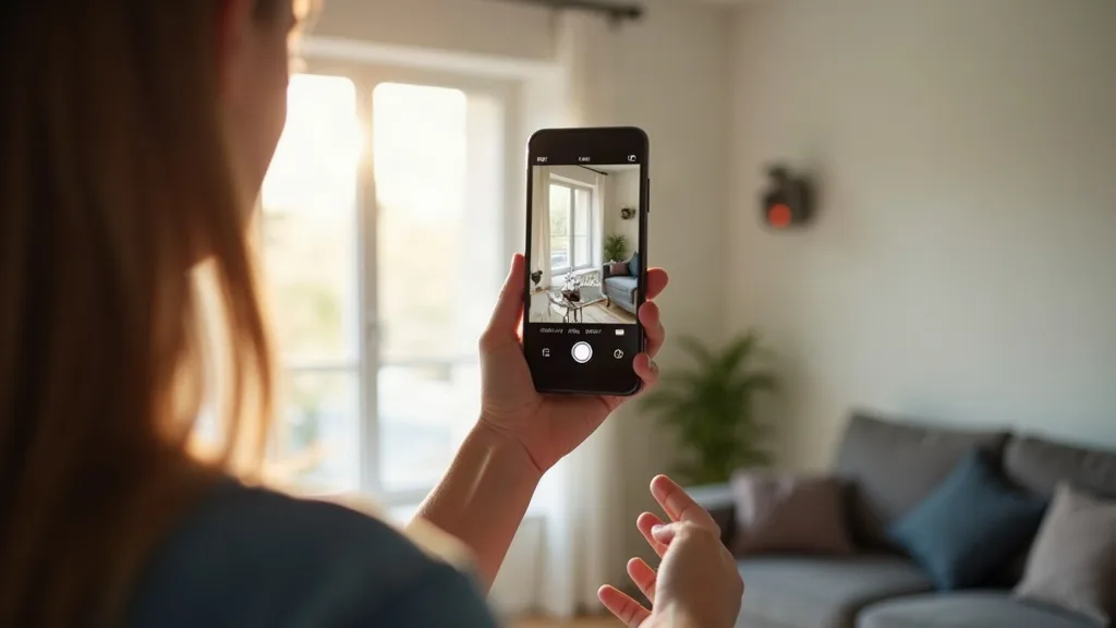 A person holding a smartphone displaying a camera feed app, standing in a modern living room with a wall-mounted security camera visible in the background. Soft natural daylight streams through a near