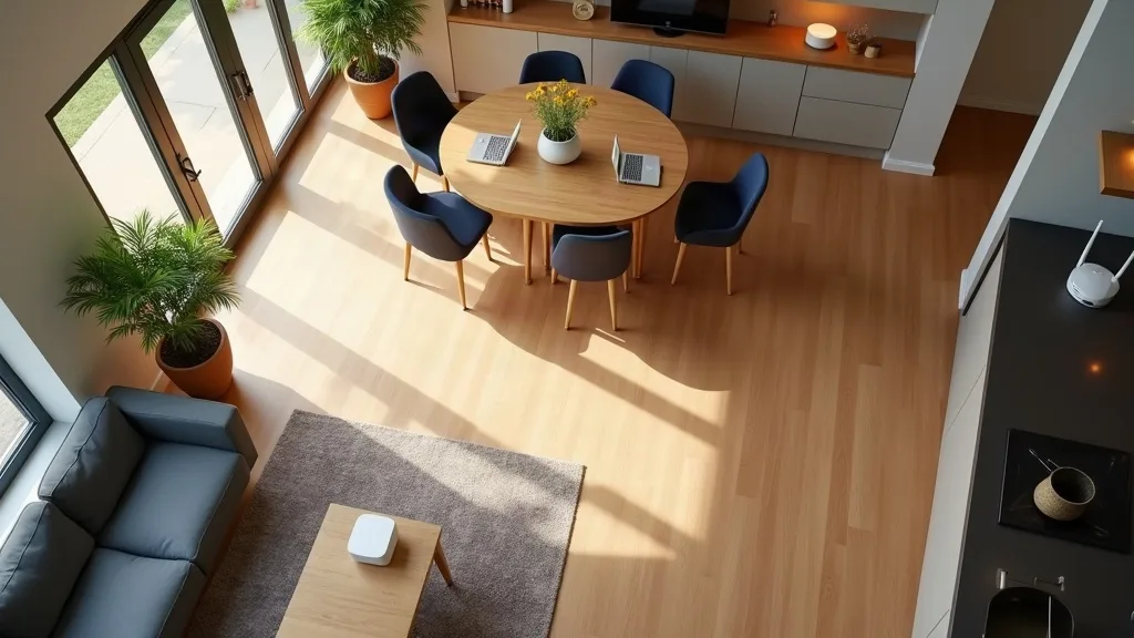 A modern living room and kitchen open-plan space viewed from above at a slight angle, showing three white mesh Wi-Fi router units positioned strategically across the room—one near a window, one on a s