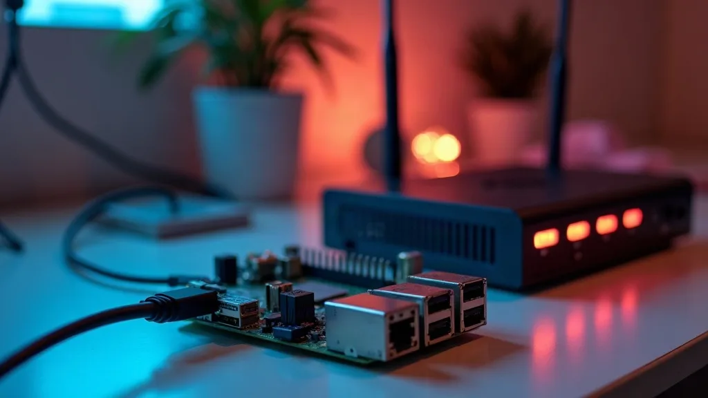 A Raspberry Pi connected to a home router with glowing network cables, positioned on a clean desk with soft warm lighting from the side, surrounded by a subtle aura of blocked ads fading away like dus