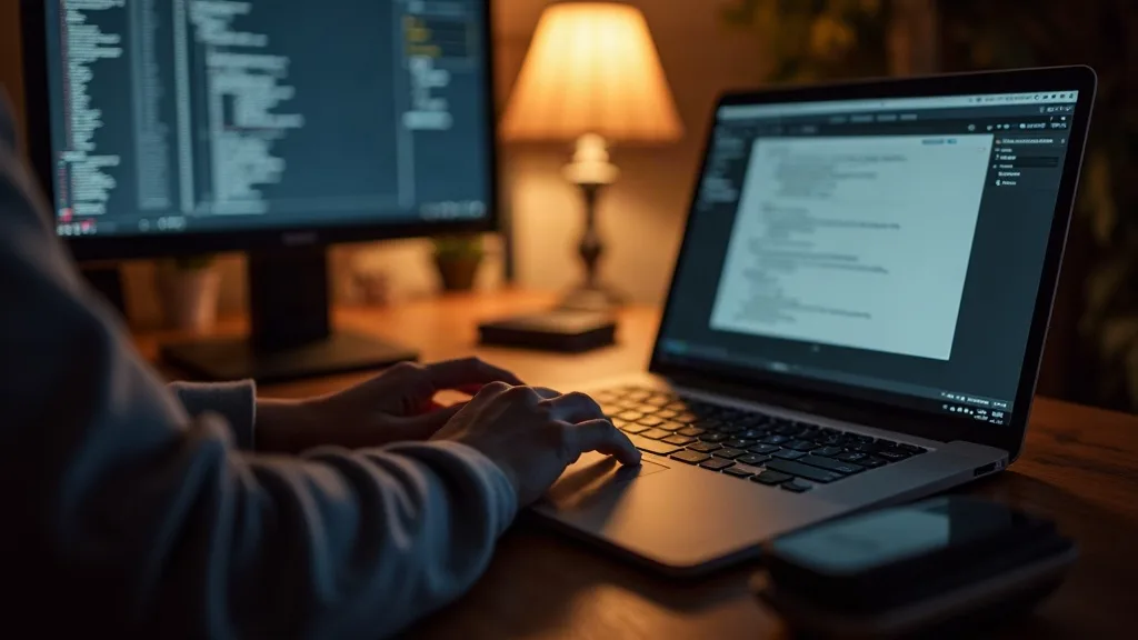 A person's hands operating a laptop keyboard in a home office, with a desktop monitor visible on the desk showing a different screen, suggesting remote control between devices. Warm, neutral lighting 