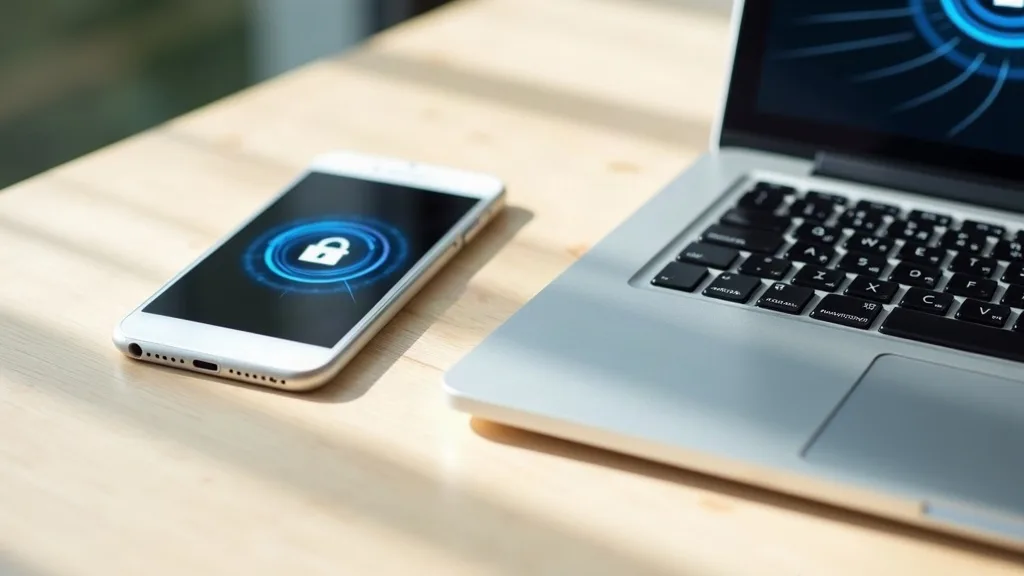 A smartphone and laptop arranged on a light wooden desk, both displaying lock icons or connection symbols on their screens, photographed from above in bright natural daylight with soft shadows, convey
