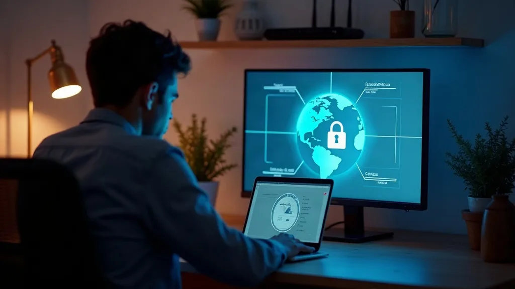 A person sitting at a desk with a laptop, viewing a secure tunnel or padlock symbol overlaying a globe, with a TP-Link router glowing softly in the background on a shelf. The scene is lit by warm desk