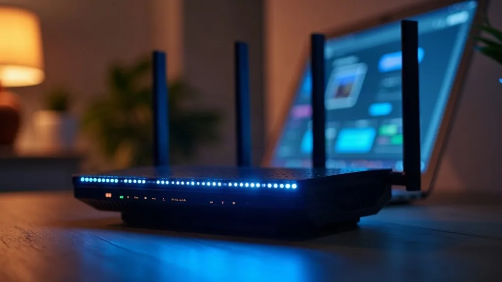 A close-up photograph of a modern home router with blue LED lights glowing softly, positioned on a wooden desk with a laptop blurred in the background showing a network management interface. Warm, neu