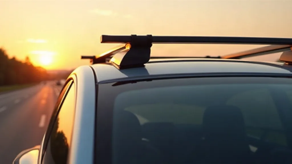 A Tesla Model Y photographed from a three-quarter angle driving on a motorway during golden hour, with late afternoon sunlight catching the roof rack bars. The image shows the aerodynamic roof rack sy