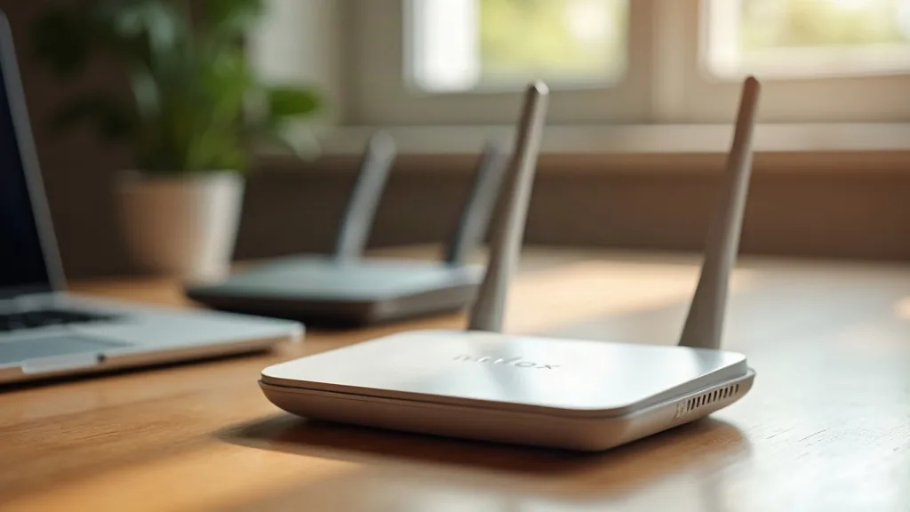 A spare white or grey Wi-Fi router sits on a wooden desk next to a laptop, with warm desk lamp lighting casting soft shadows. Behind it, a faded second router is visible in the background, suggesting 