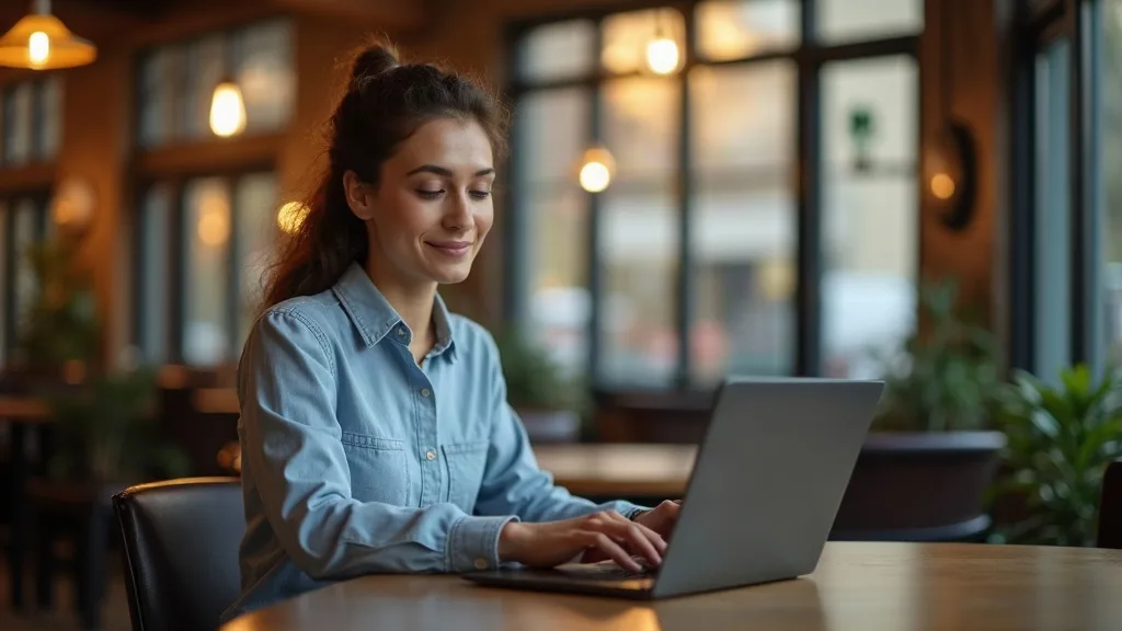 A person sitting at a cafe table with a laptop, looking focused and relaxed while working. Through the laptop screen, a faint reflection of a home office is visible. Warm, natural daylight from a wind