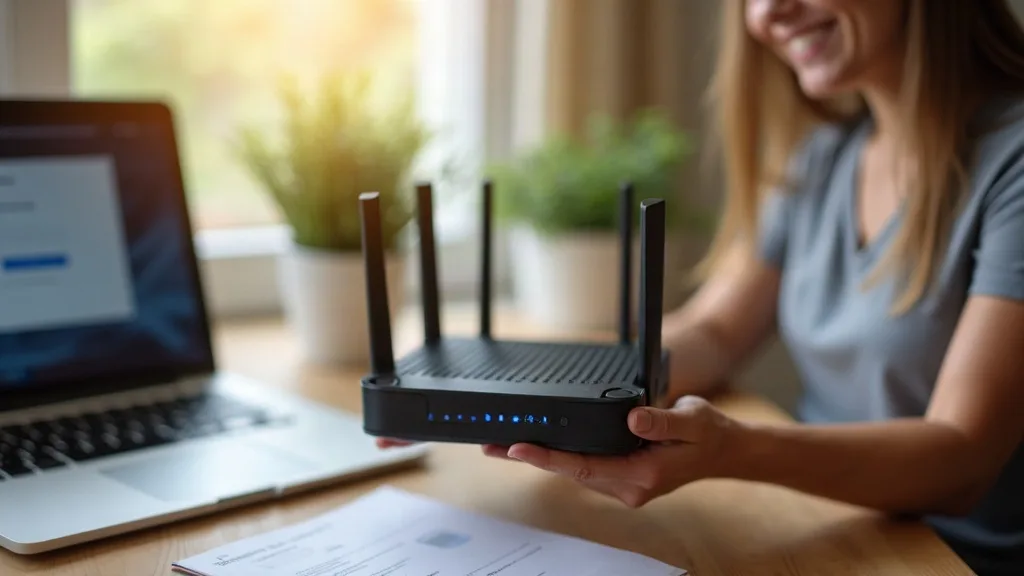A person in a home office setting holds a modern Wi-Fi router in both hands, looking confident and satisfied. The router sits on a desk with an ethernet cable and instruction manual nearby, with a lap