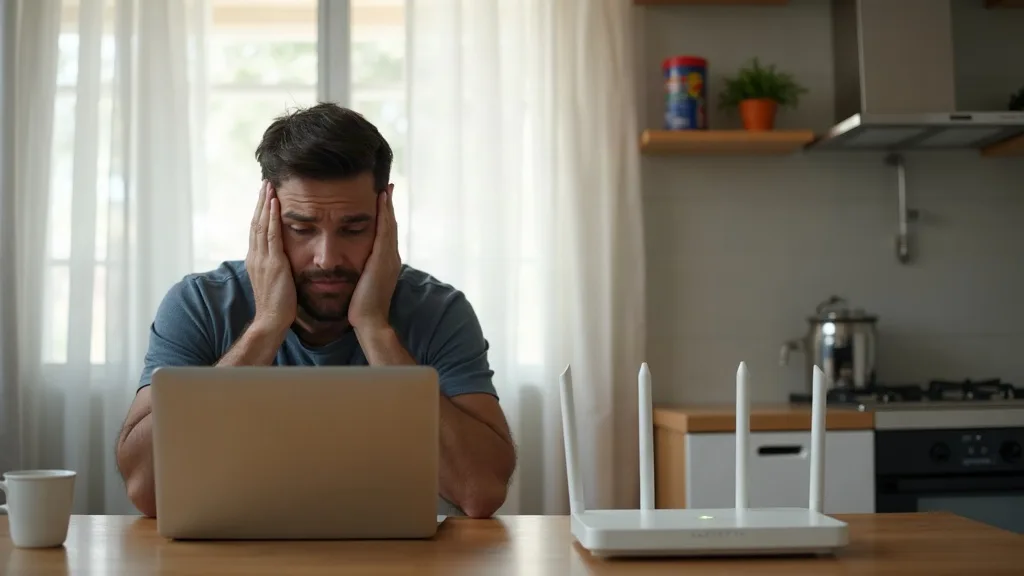 A person sitting at a kitchen table with a laptop, looking thoughtful or slightly frustrated while glancing at a basic white router on a shelf across the room. The scene is lit by natural daylight fro