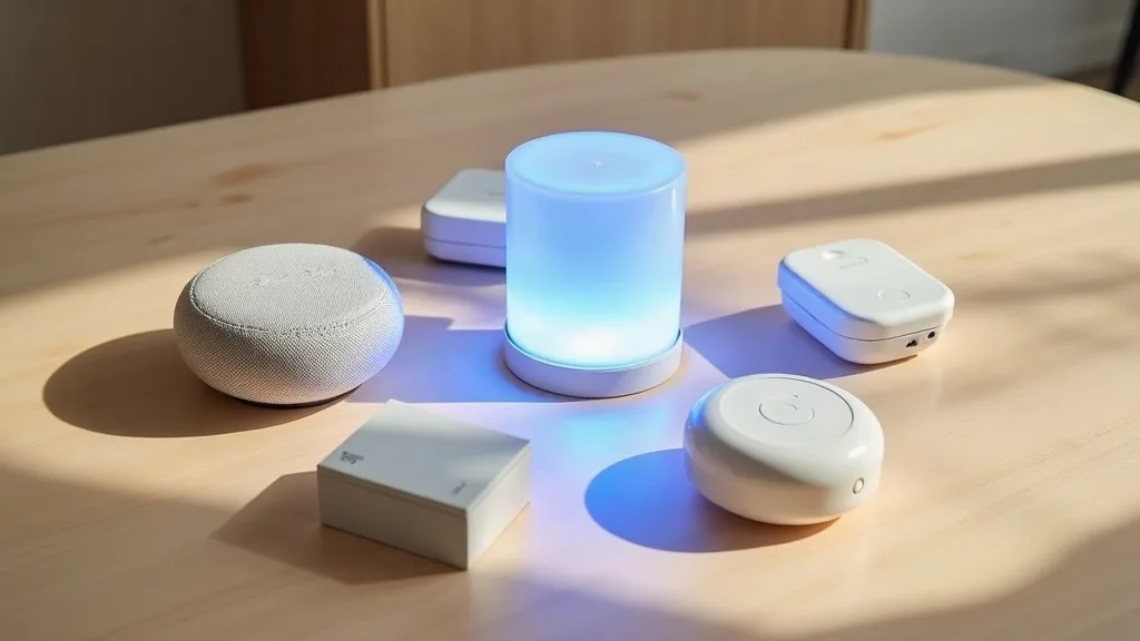 A flat lay photograph of various smart home devices (a smart speaker, light bulb, thermostat and door sensor) arranged in a circle on a light wooden table, with a glowing thread of blue light connecti