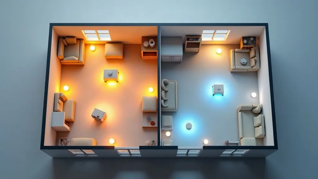 A modern home interior with a floor plan view showing two distinct Wi-Fi coverage scenarios side by side: on the left, multiple glowing mesh nodes positioned throughout rooms in a warm, even light pat