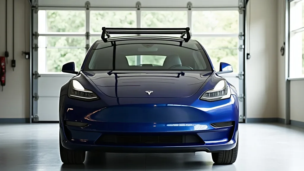 A Tesla Model Y parked in a modern garage with natural daylight streaming through large windows, showing the roof rack mounted on top with clear visibility of the aluminium cross bars and T-slot chann