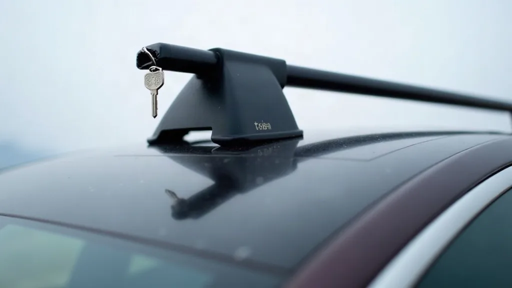 Close-up photograph of a Tesla Model Y roof rack with a silver key inserted into the lock mechanism, shot against a bright overcast sky. The key and lock are in sharp focus while the car's sleek black