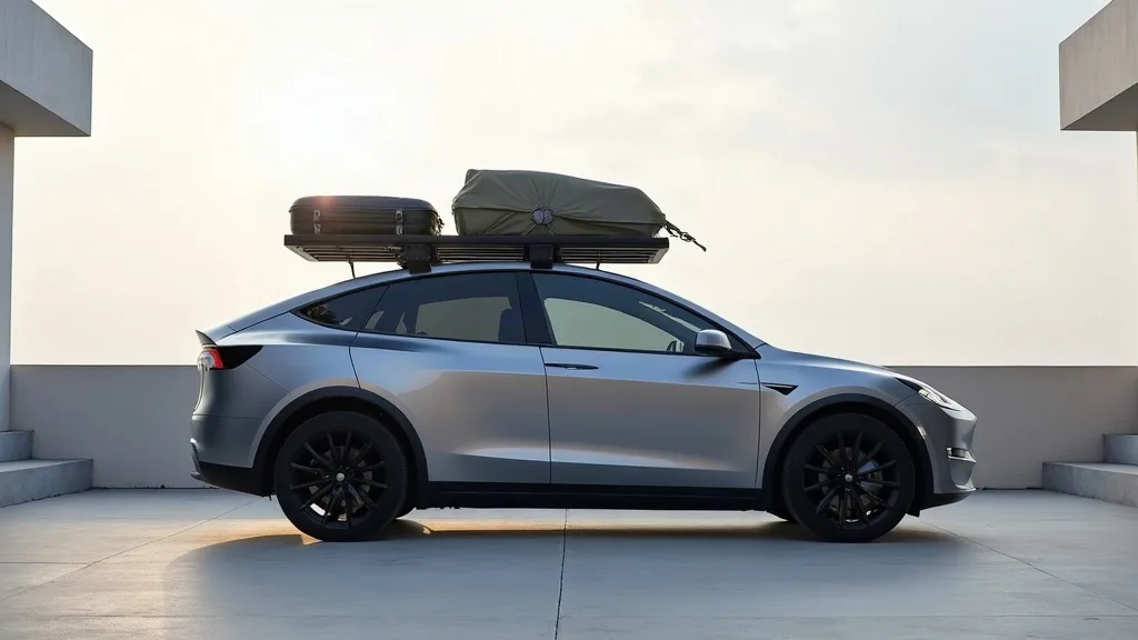 A Tesla Model Y photographed from a three-quarter angle against a bright, overcast sky, with a roof rack laden with luggage boxes and gear, showing the vehicle from ground level to emphasize the weigh