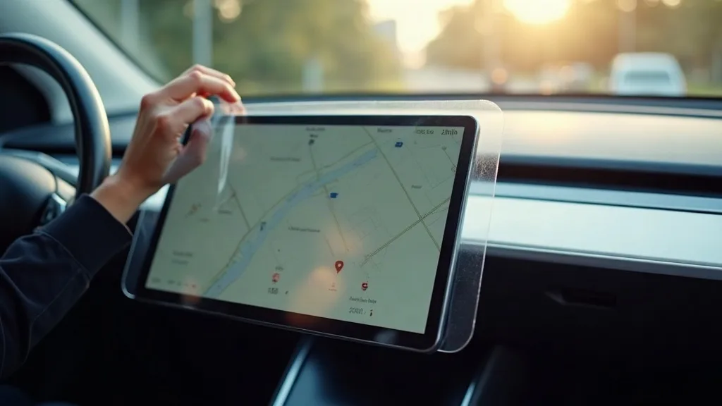 A close-up photograph of a Tesla Model Y's central touchscreen with a protective film being carefully applied to its surface. The screen displays a clear navigation map, and soft natural daylight stre
