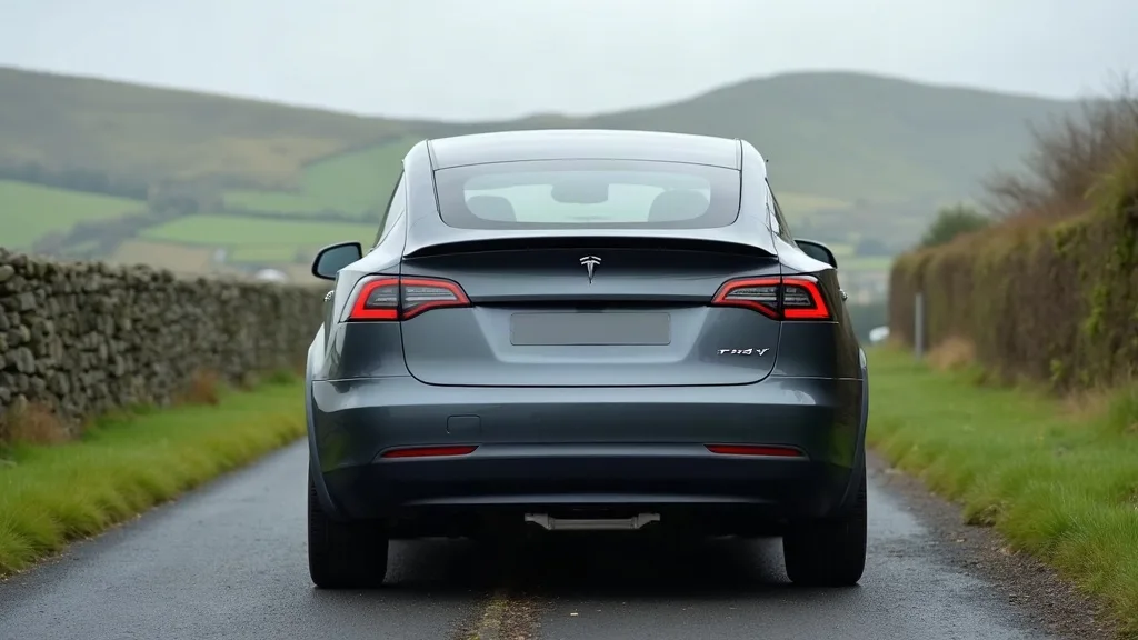 A Tesla Model Y photographed from the rear three-quarter angle, parked on a rural Irish country lane with rolling green hills and stone walls in soft, overcast daylight. The tow bar is clearly visible