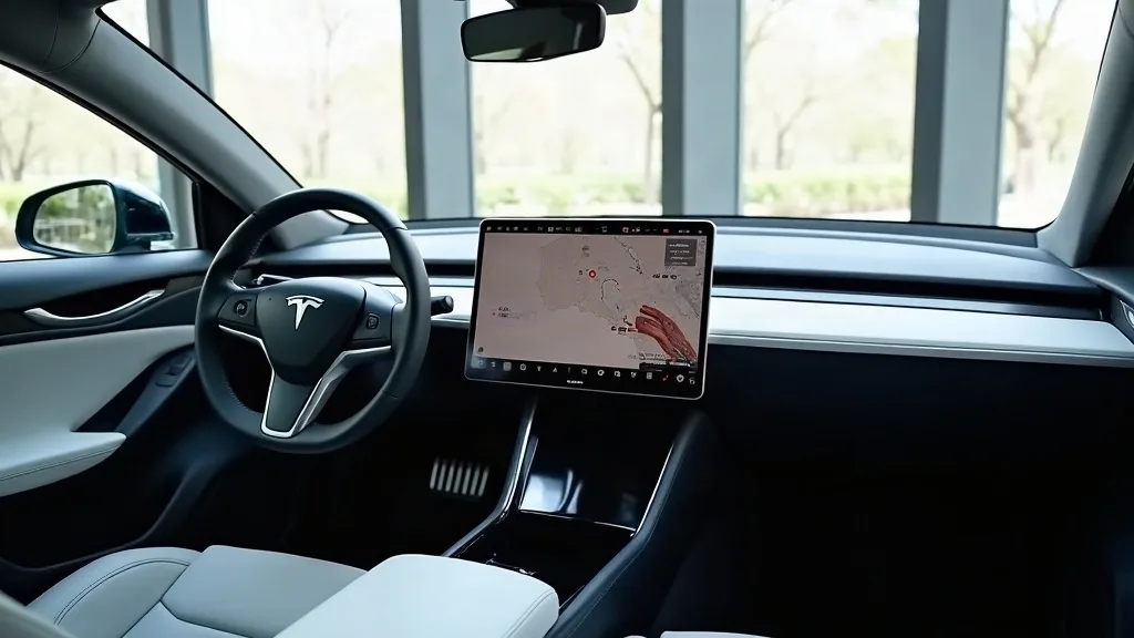 A sleek Tesla Model Y interior photographed from the passenger seat, showing the dashboard, steering wheel and front windscreen. The car is parked indoors in bright, neutral daylight from large window