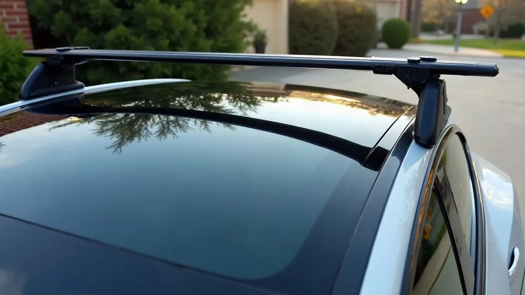 A Tesla Model Y with its distinctive panoramic glass roof shown in close detail, with a roof rack mounted on top. The camera angle is low and angled upward, capturing both the roof rack and the glass 