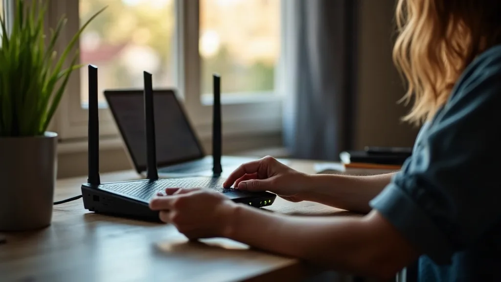 A person sitting at a desk beside a Wi-Fi router, holding a power cable in one hand while checking the router's indicator lights with the other. The router sits on the desk with its lights glowing, an