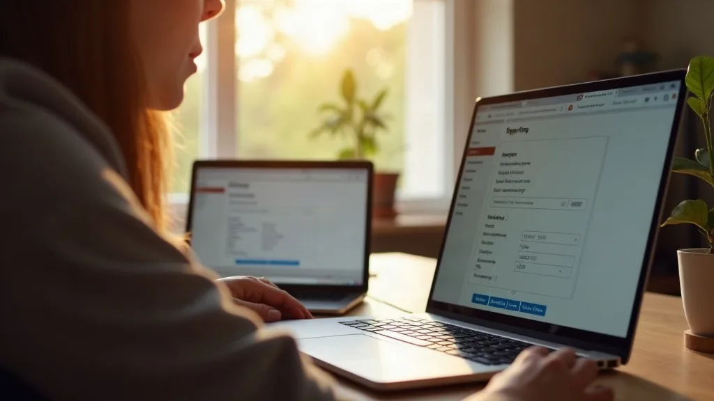 A person sitting at a desk in a home office, looking at a laptop screen displaying router settings and configuration menus, with a modern Wi-Fi router visible on the desk beside the laptop. Warm, natu