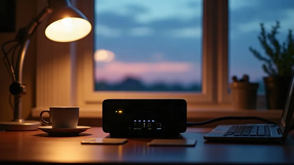 A home office desk with a small, quietly humming server or NAS device positioned centre-stage, surrounded by networking cables, a modest router, and a cup of coffee, bathed in soft warm lamp light fro