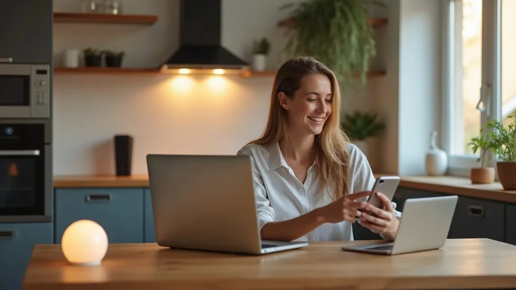 A person sits at a kitchen table with a laptop and smartphone in front of them, looking relaxed and confident while a glowing Wi-Fi router sits nearby on a shelf. Smart home devices like a speaker, li