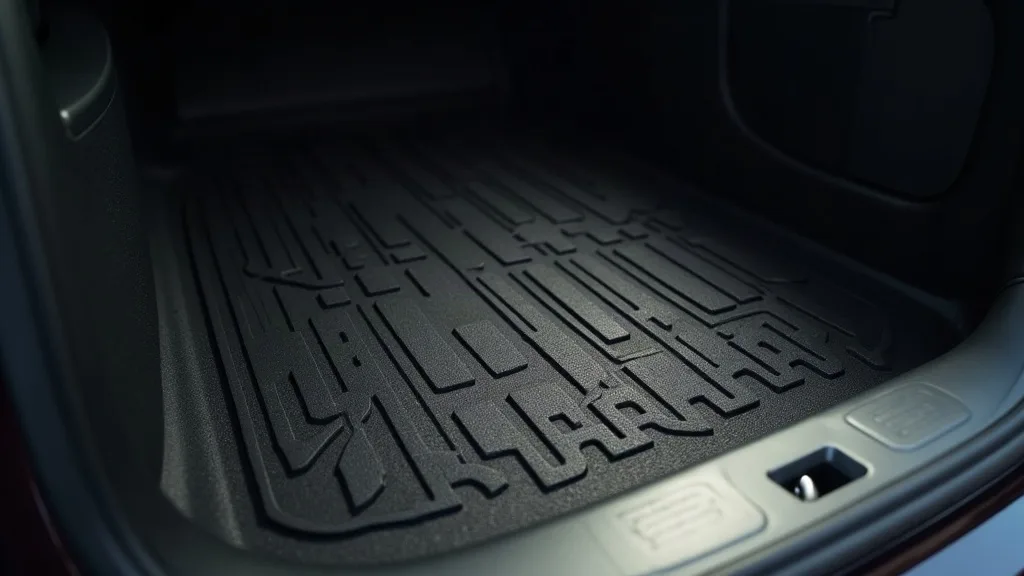 Close-up photograph of a black all-weather rubber floor mat fitted inside a Tesla Model Y, showing the textured surface and precise fit against the vehicle's footwell. Bright, natural daylight streams