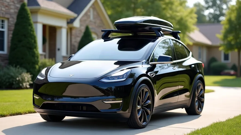 A Tesla Model Y with a modern roof rack installed on top, photographed from a three-quarter front angle in bright daylight. The car is parked on a clean driveway with a suburban house visible softly o