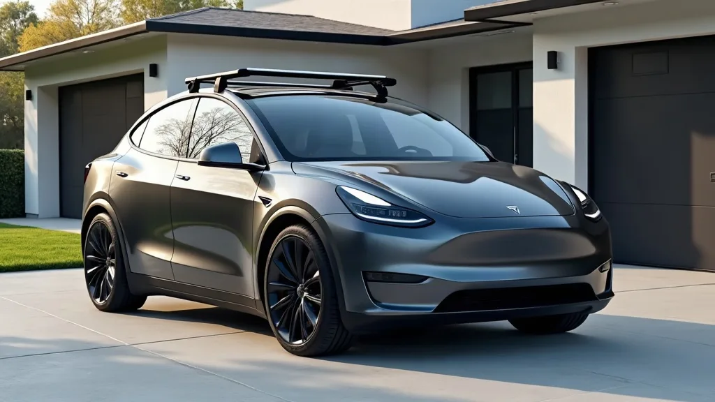 A sleek Tesla Model Y photographed from a three-quarter angle in bright daylight, parked on a clean driveway with a modern home in soft focus behind it. The roof rack is clearly visible and well-lit, 