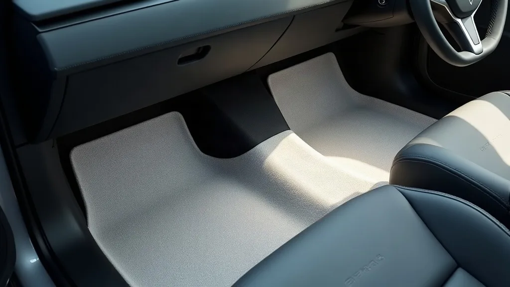 A pair of lightweight foam floor mats in a modern Tesla Model Y interior, showing the soft texture and light grey colour of XPE material. The mats are positioned on the driver and passenger side floor