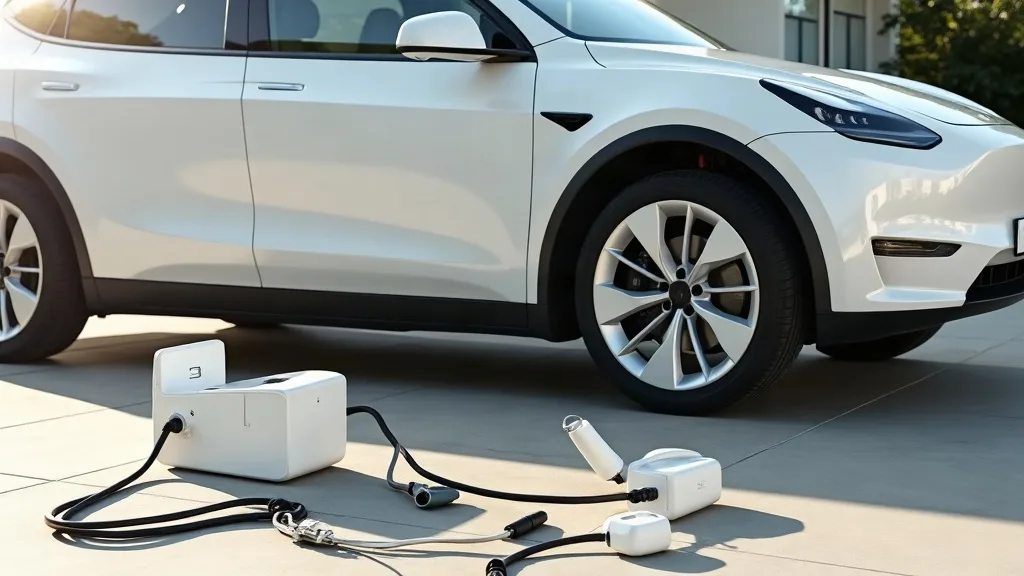 A Tesla Model Y photographed from a three-quarter angle in bright daylight, positioned in a modern Irish driveway next to a white wall. Various charging cables and accessories are arranged neatly on t