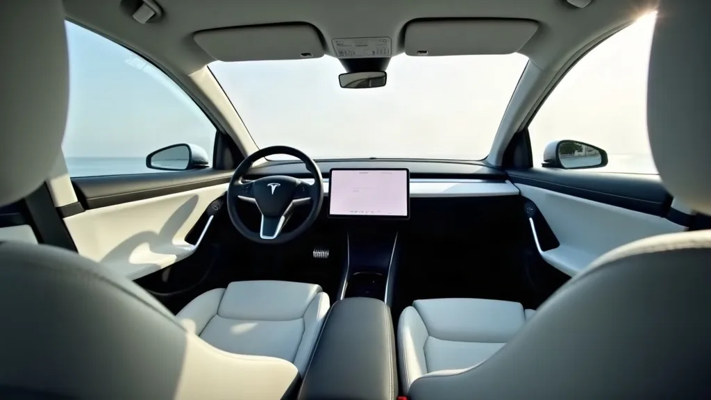 A brand new Tesla Model Y interior photographed from the driver's seat, showing the minimalist cabin with steering wheel and dashboard in focus, while the open frunk and empty boot are visible through