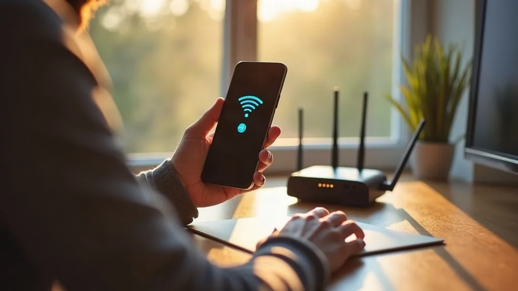 A person holding a smartphone in a modern home office, looking at the screen with a concerned expression while a Wi-Fi router sits on a desk nearby with weak signal bars displayed on the phone's scree