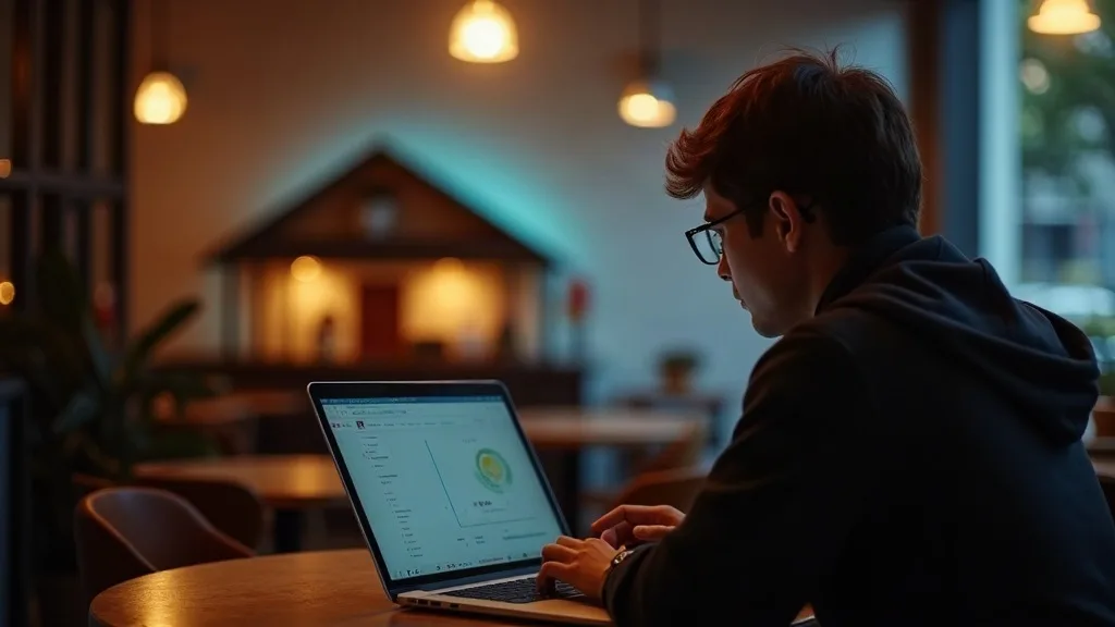 A person working on a laptop at a coffee shop, with a subtle digital connection visualised between the laptop screen and a house silhouette in the background. The house glows softly with warm light fr