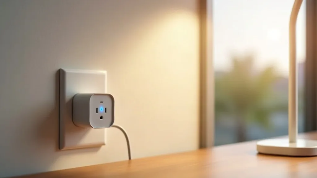 A white Wi-Fi smart plug inserted into a wall socket with a desk lamp plugged into it, sitting in a bright, modern home office with natural daylight from a window. The plug has a small blue LED light 