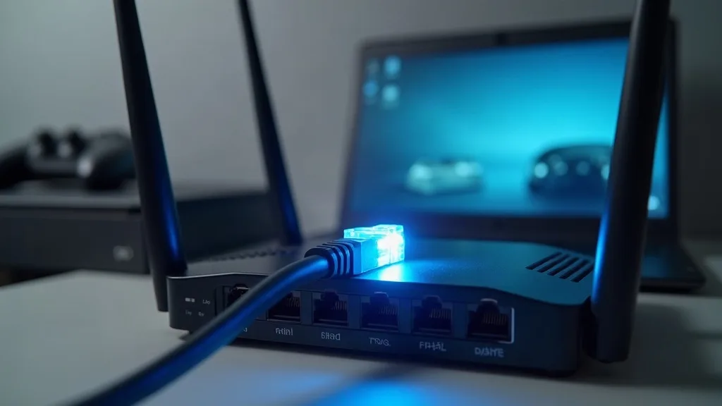 A close-up of a home router with several Ethernet cables connected to it, photographed from a slight angle against a neutral grey background. One cable is highlighted with a soft blue glow tracing fro